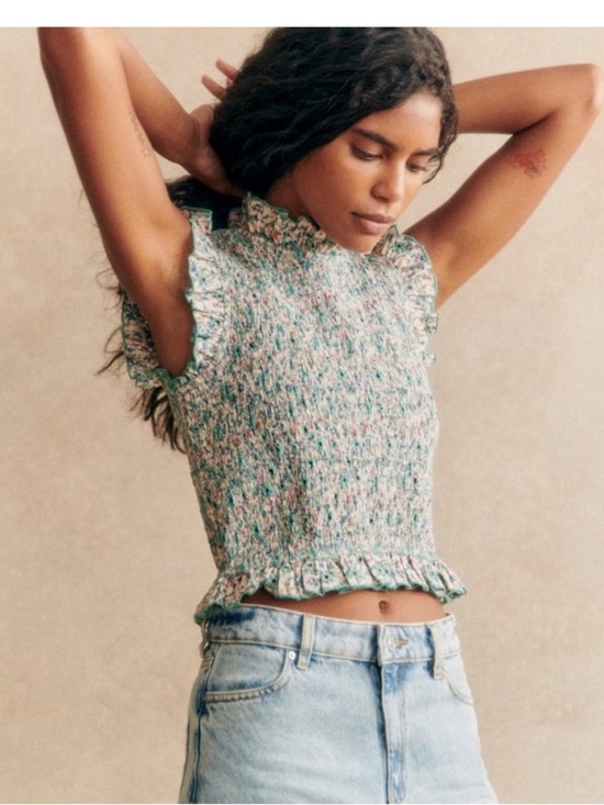 Sezane Tops - Sezane NEW Samona Blouse Smocked Ruffle Sleeveless Ostuni Floral Cottagecore 8